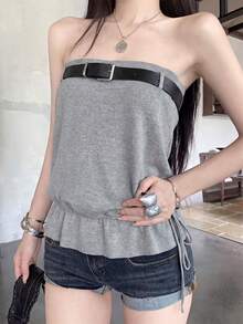 2026 Spring/Summer Women's Grey Knit Camisole - Fashionable Casual Sweet Belted Ruffle Hem Sleeveless Top For Daily & Date Wear, Comes With Model's Matching Belt - Grey - View 2