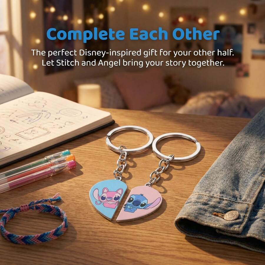 Disney 迪士尼可爱史迪奇和天使情侣钥匙扣套装，心形拼图情侣钥匙扣，男女朋友同款，迪士尼《星际宝贝》情人节珠宝礼物 - 彩色 - 查看 1