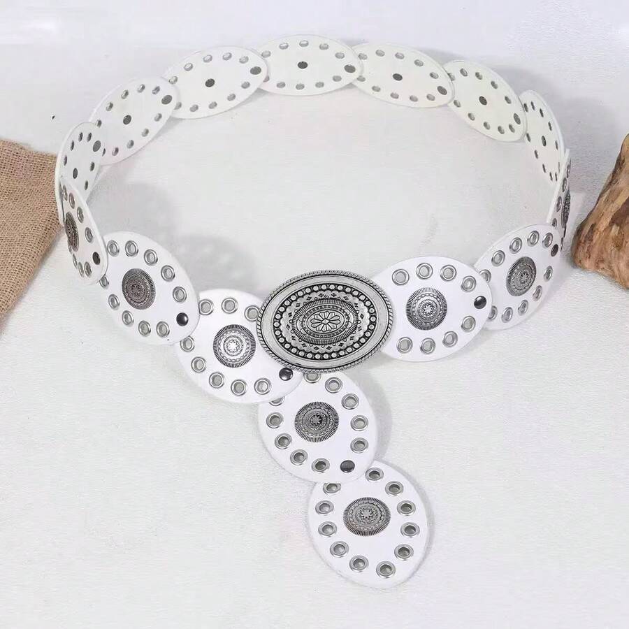 Cinturón con hebilla redonda de remache estilo retro, banda de cintura con ojetes de moda bohemia, versátil