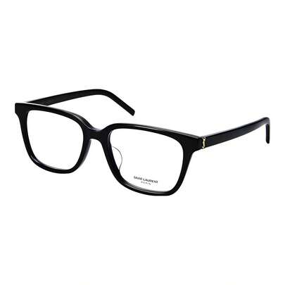  Colección cápsula de YSL Saint Laurent, montura óptica cuadrada con logotipo metálico, estilo femenino, color negro con etiqueta dorada.
