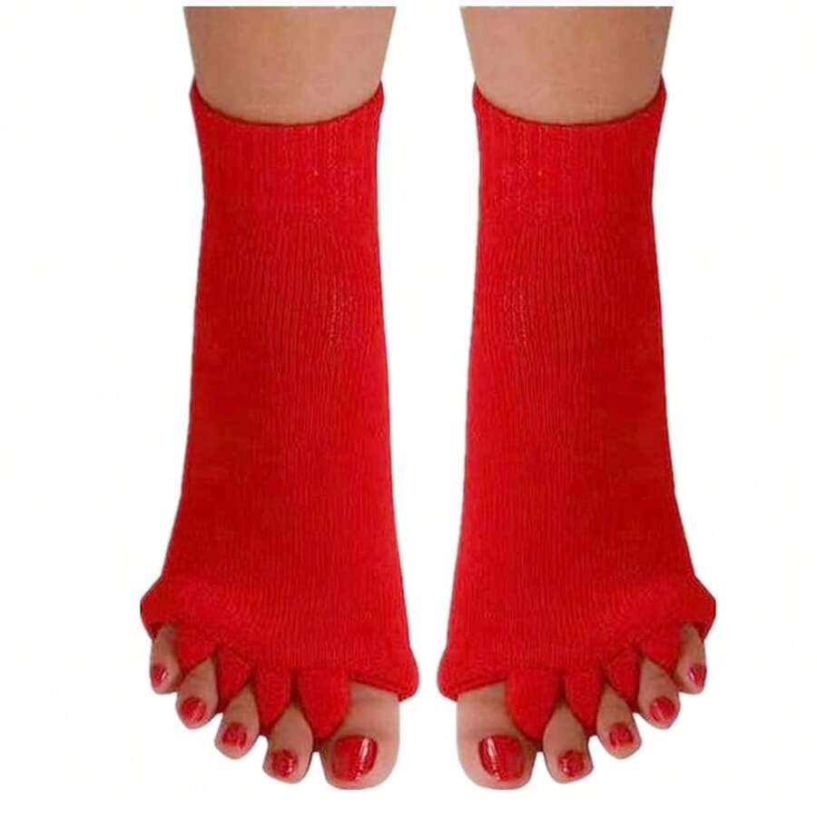 Women Toe Separator Socks Toeless Foot Alignment Socks For Yoga GYM Massage Pain Relief Improves Circulation Stretchy - Màu đỏ - Xem 1