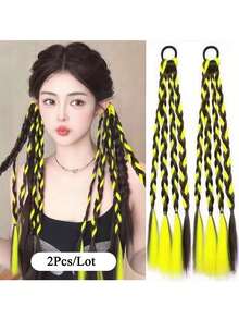 2pcs Fashionable Colorblock Elastic Braided Hair Bands, Ponytail Hair Extensions, Rainbow Color Hair Ties, Boxer Braid Synthetic Hair Extensions, Ombre Hair Scrunchies, Suitable For Women, Girls And Kids For Daily And Party Decor, Length 45cm - Multicolor - View 17