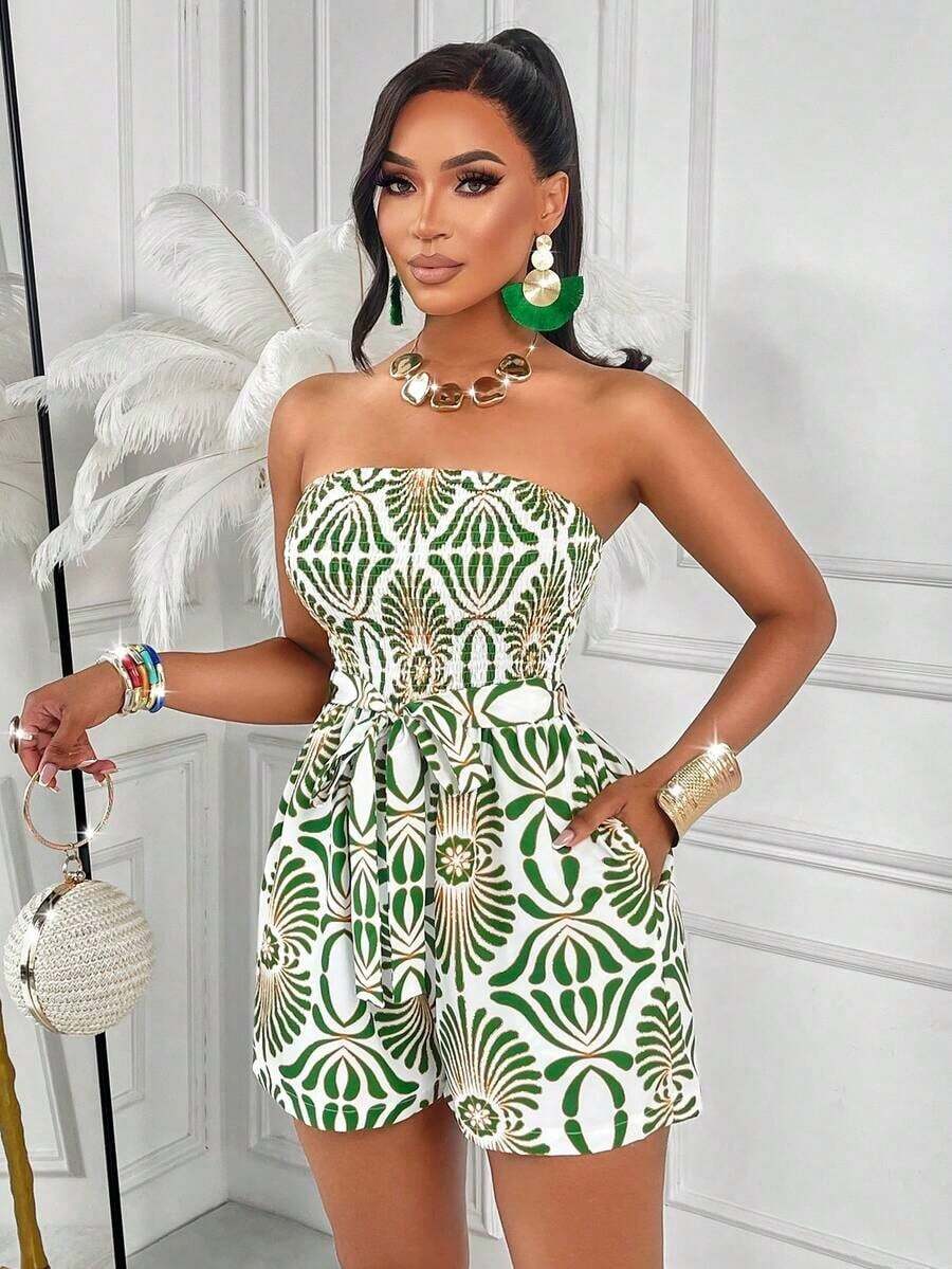 Sexy And Elegant Women's Floral Print Jumpsuit, Random Floral Pattern Summer Style - 藍色背景上點綴著棕色花朵 - 查看 1
