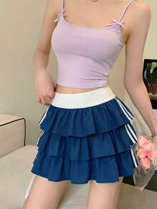 SAOYANGYU 女士夏季撞色休闲派对可爱多层荷叶边迷你裙，适合舞台表演和音乐会等场合 - 藏蓝色 - 查看 2