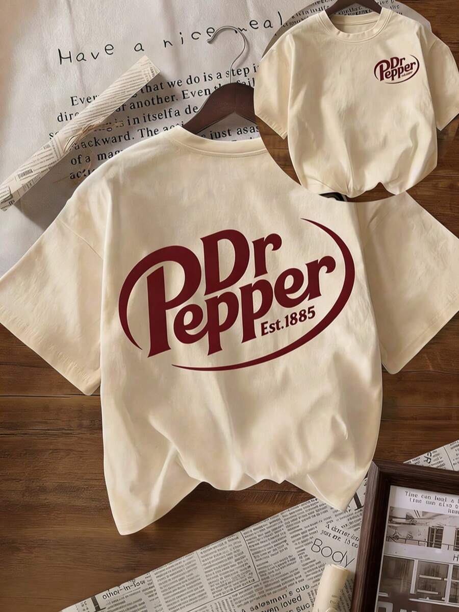 Women Vintage Soda Logo Print Crew Neck T-Shirt, Loose Drop Shoulder Short Sleeve Top, All Season Streetwear Casual Tee For Spring & Summer - 杏色 - 查看 1