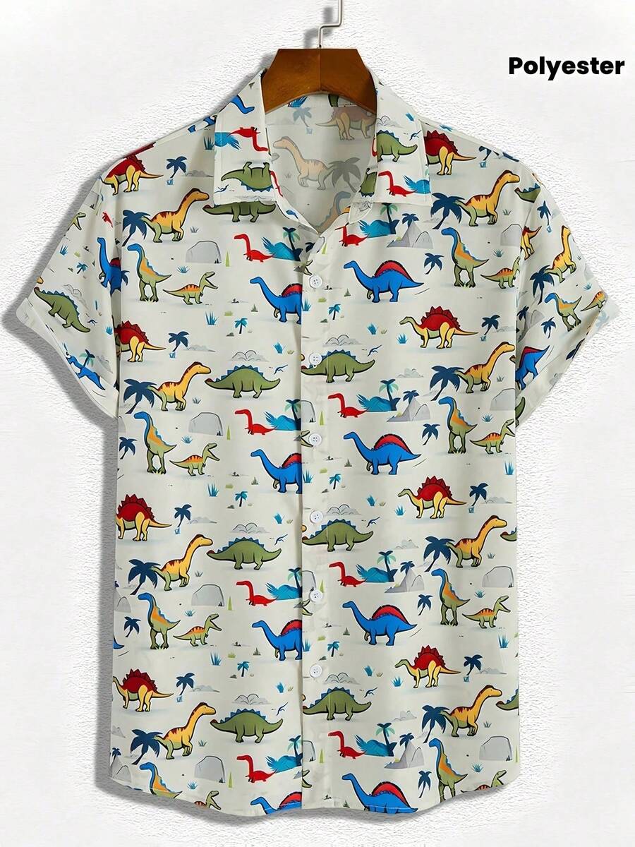 Colorful Dinosaurs Roaming In A Lively Prehistoric Landscape With Palm Trees And Mountains Symbolize Adventure Curiosity And The Spirit Of Exploration 3D Print Men's Short Sleeve Casual Button Down Polyester Shirt - trắng - Xem 1