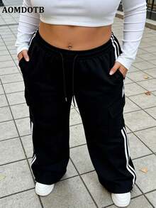 大码女式工装裤，侧边条纹，翻盖口袋，抽绳腰带，松紧腰带，舒适弹力面料，适合日常穿着和运动，直筒裤型 - 黑色 - 查看 7