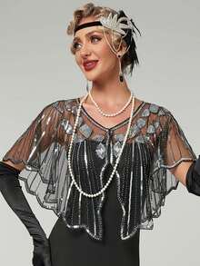 1pc Summer Lightweight Sequin Lace Shrug, Thin Beaded Shawl For Evening Gown - Multicolor - View 15