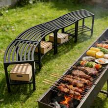 4-Piece Metal Backless Storage Bench Set, Weather-Resistant Curved Outdoor Bench & Plant Stand, Black - A - View 4