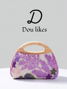 女士草编花卉手提包，顶部提手沙滩包，波西米亚风花卉斜挎包，适合夏季度假 - 紫色 - 查看 2