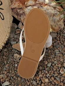 1 par de chanclas de PU de unicolor con decoración floral, cómodas y ligeras, sandalias de playa de moda, adecuadas para uso en interiores y exteriores, verano - Blanco - Ver 8
