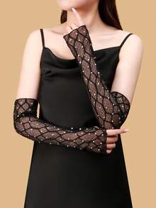 New Spring/Summer Rhombus Hollow See-Through Arm Sleeve, Fashionable Sexy Crochet Rhinestone Arm Sleeve For Birthday Party, Date - Black - View 2
