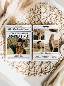1 pieza - Tarjeta de invitación de graduación personalizada, estilo periódico, invitación de graduación 2026 en estilo periódico, anuncio de graduación, graduación universitaria, decoración de graduación, invitación de graduación con foto personalizada, puede agregar texto para crear su propia tarjeta, tarjeta conmemorativa personalizada - Multicolor - Ver 2