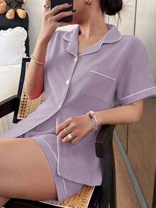 Dreamivo 2pcs/Set Women's Crinkle Light Purple Solid Color Summer Pajama Set, Short Sleeve Button-Up Shirt And Shorts, Casual Loungewear - Mauve Purple - View 1