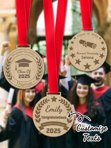 1pc Custom Text Graduation Wooden Medal – Personalized 3-Style Grad Keepsake With Custom Name & University Year | Red Ribbon Grad Medal | Ideal High School/College Graduation Gift | Graduation Ceremony Keepsake & Home Decor,Graduation Season Gifts - Multicolor - View 3