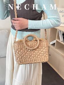 1pc Summer New Solid Color Straw Tote Bag, Simple Casual Large Capacity Shoulder Bag For Daily Use - Khaki - View 2