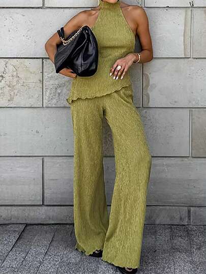 Summer Sleeveless Backess 2 Pieces Pants Set Pleated Design Sexy Halter Vest Asymmetrical Top Wide Leg Pants Fashion Temperamenit Street Women's Suit