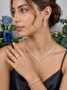 1 bộ trang sức hình học Cubic Zirconia thanh lịch, thích hợp làm quà tặng hẹn hò cho phụ nữ - Bạc - Xem 3