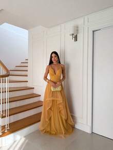 Greek Goddess Gala Dress In Tulle Without Glitter, With Capes And Invisible Zipper - Gold - View 1