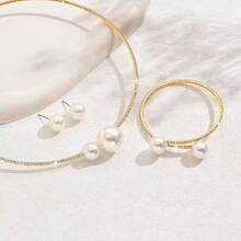 时尚婚礼首饰四件套珍珠水钻项链金手链 E - 金色 - 查看 5