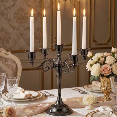 1pc French Retro Five-Head Candlestick, Candle Holder/Candle Holders Wide Round Base Candlestick,Candle Holder,Centerpiece,Wedding Decor,Living Room Decor, Suitable For Weddings, Home Decoration, Wedding Arrangements, Candlelight Dinners, Christmas Parties, Table Center Decorations, Outdoor Garden Arrangements. It Can Also Be Used As Housewarming Gifts, Wedding Gifts, Anniversary Gifts, Birthday Gifts And Mother's Day Gifts.