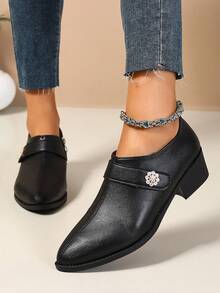 Giày cao gót mũi nhọn đế dày cho nữ, bốt cổ ngắn có khóa kéo bên hông đính hoa đính đá, giày da đa năng phù hợp cho việc đi lại hàng ngày. - màu đen - Xem 3