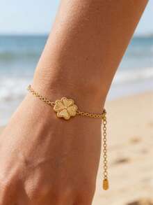 18K镀金纹理花朵手链，波西米亚风金色夏季海滩度假不锈钢精致可调节链条手链，女士款 - 金色 - 查看 3