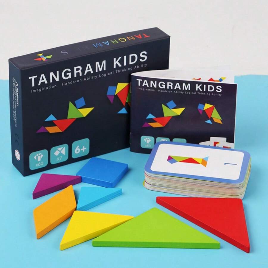 Bộ xếp hình Tangram cỡ lớn, đồ chơi giáo dục nhận thức sớm, bao gồm thẻ câu hỏi hai mặt giúp rèn luyện tư duy logic, đồ chơi lắp ráp bằng gỗ để bàn giúp trẻ phát triển toàn diện, giao hàng ngẫu nhiên.