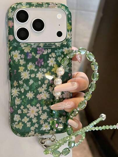 适用于 17 Pro Max、17 Pro、17、16 Pro Max、16 Pro、16、15 Pro Max、15 Pro、15、14 Pro Max、14 Pro、14、13 Pro Max、13 Pro、13、12 Pro Max、12 Pro、12、11 的可爱雏菊春季花卉闪光手机壳，可爱花卉防摔软壳，带闪光钻石手链