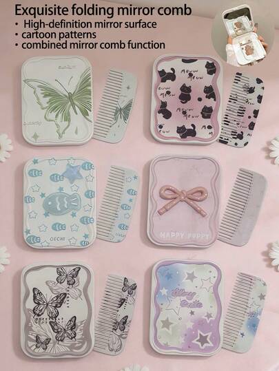1pc Foldable Mirror Comb, Cute Cartoon Cat, Butterfly, Polka Dot, Bow Tie, Letter Gradient Mini Mirror, Portable Compact Makeup Mirror Comb Set, Suitable For Carrying Out, Living Room, Bedroom, Home Use, Gift For Friends, Family, Classmates, Girlfriend, Valentine's Day