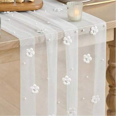 Weißer Blumen-Perlen-Bohème-Tischläufer mit Perlen, Geschenk für Brautparty/Babyparty/Hochzeitstisch-Dekoration