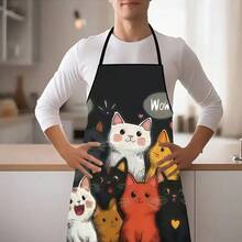 可爱猫咪图案涤纶围裙，生动有趣的猫咪设计，防水厨房围裙，适合烹饪、烘焙和家居装饰 - 小貓圍裙 - 查看 3