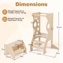 COSTWAY Toddler Kitchen Step Stool, 2 In 1 Wooden Standing Tower W/Removable Bars & 2-Step Stool For Counter & Sink, Versatile Kids Table & Chair Set W/Montessor Game For 3+ Years Old, Natural - Apricot - View 2