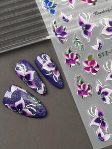 2片装春季紫色和蓝色花叶图案美甲贴纸，夏季魅力自粘美甲用品及装饰品，女士礼物 - 彩色 - 查看 5