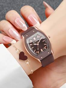 Bộ 2 chiếc đồng hồ nữ bằng silicon với mặt số hình thùng cổ điển thanh lịch và dây đeo thạch anh + dây đeo hình trái tim, không kèm hộp đựng đồng hồ. - màu nâu - Xem 2