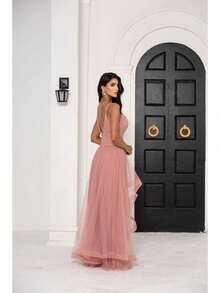 Greek Goddess Gala Dress In Tulle Without Glitter, With Capes And Invisible Zipper - Rose - View 3