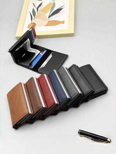 Fashionable Business Men's Wallet, Carbon Fiber Card Holder, Automatic Pop-Up Aluminum Alloy, 6 Colors RFID Card Holder, PU Leather Anti-Theft Card Clip, Anti-Demagnetization Card Case Shielding