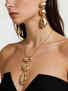 2pcs Set Luxury Asymmetrical Geometric Gold-Plated Earrings + Necklace Jewelry Set, Elegant For Party, Work, And Daily Wear - Yellow Gold - View 2