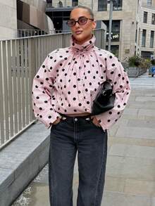 Áo khoác nữ chấm bi kiểu retro, màu hồng, tay dài, dáng rộng, cài một hàng cúc, phong cách thường ngày năng động. - Hồng - Xem 7