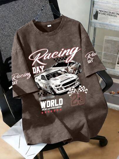 1pc Boys' Fashionable & Comfortable Summer T-Shirt With Fun English Letters And Cool Cartoon Car Print