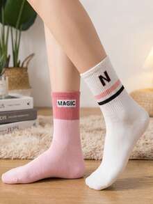 5 đôi tất cổ cao kẻ sọc ngẫu nhiên | Thiết kế chữ màu hồng và trắng, món đồ thiết yếu cho mọi mùa - Nhiều màu - Xem 6