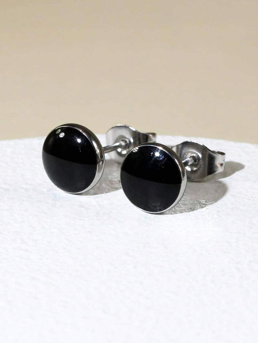 1 par de pendientes redondos de acero inoxidable negro, diseño versátil de moda para mujeres - Negro - Ver 1