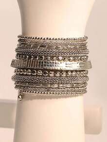 Women's Retro Multi-Layer Wrap Bracelet - Adjustable Layered Design With Distressed Golden-Tone Beads & Black/Brown/Copper Tones, All-Season Daily & Party Jewelry, Stackable Statement Piece For Teens & Adults, Durable Comfortable Fit, Intricately Woven Beads In Earthy Tones, Vintage For Casual & Festive Wear, Suitable For All Seasons, No Plating Required, Wide Bracelets For Plus Size Women - 銀色 - 查看 3
