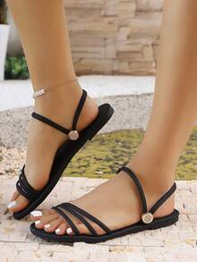 Sandalias con hebilla de diamante de agua, planas y antideslizantes, de punta abierta y estilo romano versátil, con diseño de correa delgada que estiliza los pies, adecuadas para ir al trabajo y de vacaciones, estilo suave y blanqueador para mujeres - Negro - Ver 1