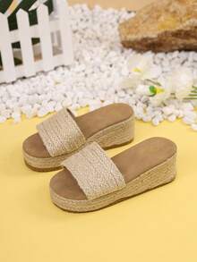 Bohemian Style Woven Thick-Sole Slip-On Slippers For Girl, Summer Retro Hemp Rope Woven Wedge Sandals, Anti-Slip Beach Vacation Shoes Suitable For Beach Trips And Daily Wear - Beige - View 1