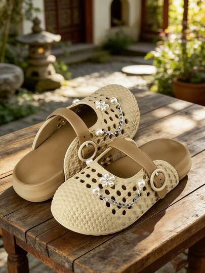 Women's Beige Woven Texture Hollow Shoes, Summer Floral Pearl Chain Decor Adjustable Buckle Strap Backless Slides, Soft Cushion Sole Casual Indoor Outdoor Slippers,Lightweight Beach Garden Daily Wear Shoes For Ladies