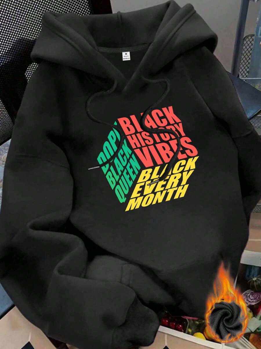 2026 New Women's Sweatshirt - African Traditional Colors And Black History Timeline Print, Loose-Fitting Winter Warm Pullover With Pockets, Cultural Pride Casual Hoodie - Suitable For Daily Wear, Vacation, Party - 黑色 - 查看 1