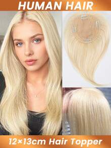 Tóc giả bằng tóc thật 12x13cm, tóc thẳng, kiểu kẹp cho nữ, tóc giả che đỉnh đầu bằng lụa, có mái, màu vàng, tóc nối kẹp #613 - S613 - Xem 3