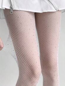 1 par de medias de red brillantes y elásticas con destellos de rhinestone, de color claro y delicadas, ideales para fiestas y clubes - Blanco - Ver 4