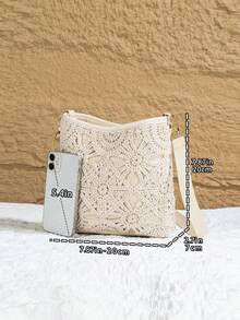 夏季波西米亚风镂空钩编水桶包，度假风棉质织带斜挎包，独特设计女士单肩包，礼物，学生款 - 米色 - 查看 6